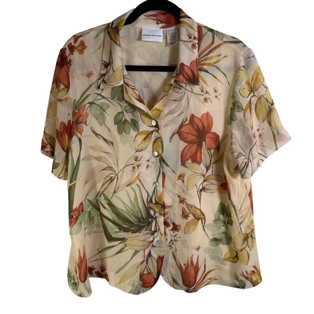 Alfred Dunner Women 16 Tropical Floral Chiffon Button Down Blouse Short Sleeve
